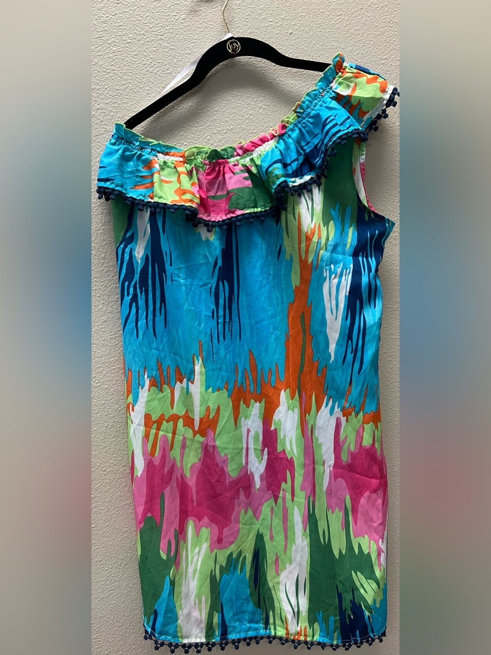Mud Pie - Medium Vibrant One-Shoulder Pom Pom Dress - Blue, Pink & Green